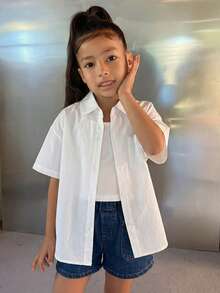 Hapijoa Tween Girl Collared Short Sleeve Shirt, Summer,Back To School Clothes - White - View 3