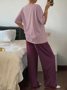 2pcs Women Casual Star Print Loose Short Sleeve Top And Pants Set, Loungewear Pajama - Purple - View 2