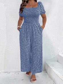 SHEIN Clasi Plus Size Ditsy Floral Square Neck Short Sleeve Jumpsuit - Blue - View 5