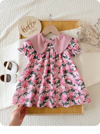 SHEIN Girls' Soft & Cute Dress, Oversized Bow Floral Print Dress With Puff Sleeves