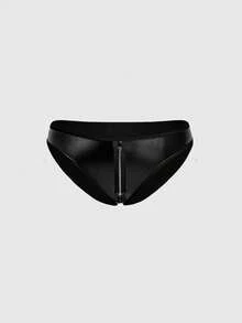ROMWE Grunge Punk Plus Size Dark Punk Music Festival Carnival PU Zipper Triangle Panties - Black - View 1