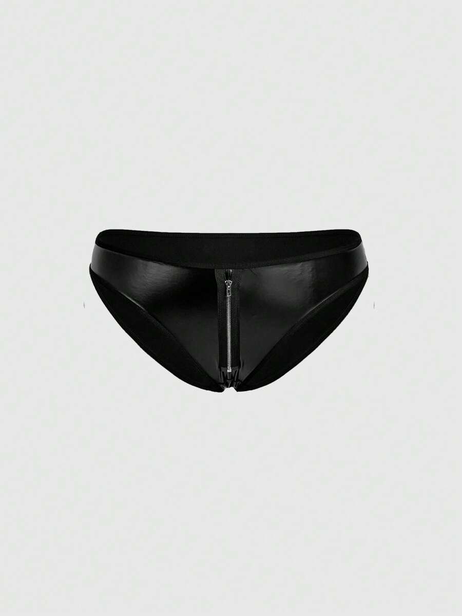 ROMWE Grunge Punk Plus Size Dark Punk Music Festival Carnival PU Zipper Triangle Panties - Black - View 1