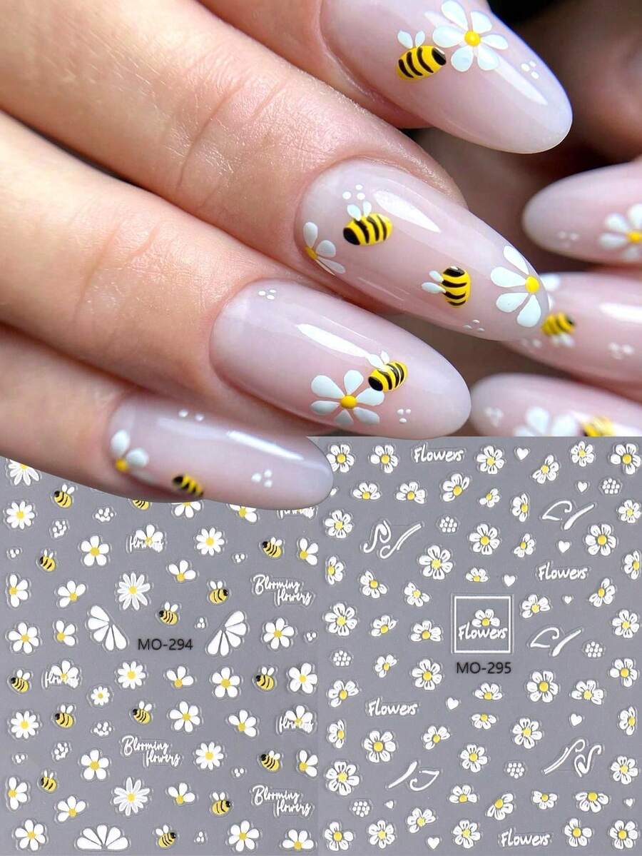 1 Sheets Cartoon Bee Daisy Summer Nail Art Stickers Decals White Daisy Floral Cute Bee Mixed Flower Petal Design 3D Self Adhesive Nail Stickers DIY Decoration For Salon Manicure Accessories Nails Nail Supplies - Multicolor - View 1
