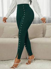 SHEIN Lady Quần legging nữ cạp cao, xẻ tà, đính hạt cườm - Màu xanh lá cây đậm - Xem 4