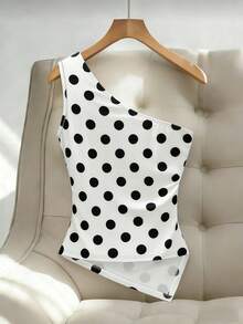 Franclia 夏季新款法式波点吊带背心，腰部金属扣设计，通勤、约会、度假百搭上衣 - 黑與白 - 查看 2