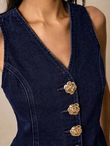 Poéselle Women's Denim Sets Single-Breasted Vest And Baggy Jeans With Metal Button,Navy Blue And Gold Summer Elegant Brunch Two Pieces Country Concert Outfit - Dark Wash - View 5