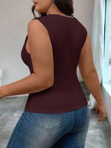 Easura Áo hai dây dệt kim cổ vuông màu trơn dáng suông cỡ lớn, áo tank top không tay xẻ tà, eo thon, phong cách mùa hè. - Màu Đỏ Sâu - Xem 2