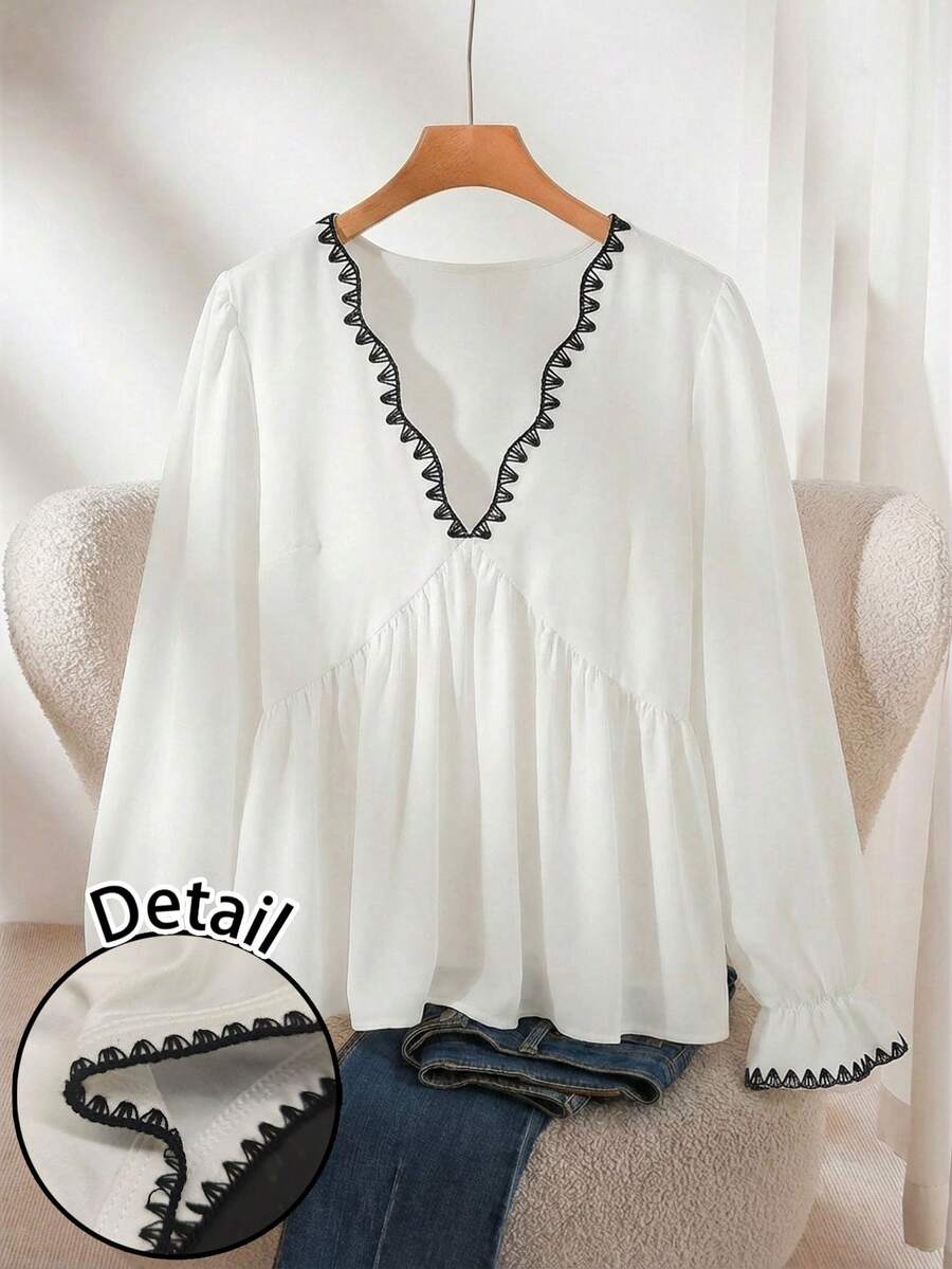 CosyJoli Plus Size Women Deep V-Neck Ruched Casual Versatile Shirt, Suitable For Vacation & Travel - Multicolor - View 1