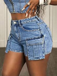 SHEIN Unity Plus Size Women's Solid Color Zipper Front Cargo Pocket Skinny Denim Shorts, Suitable For Summer Travel And Gatherings Jorts Casual Summer - Light Wash - View 5