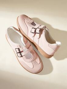 CUCCOO EASI 浅粉色双扣圆头女士休闲鞋，平底防滑软底，复古玛丽珍鞋款，适合通勤、购物和驾车等休闲场合。 - 粉色. - 查看 4