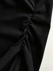 SHEIN 新款蓝色V领褶皱短袖女式衬衫，夏季款 - 黑色 - 查看 3
