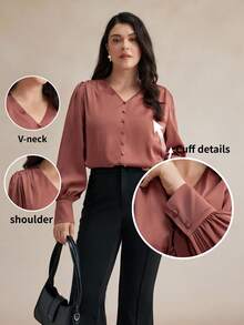Maija Áo kiểu dáng rộng rãi, màu trơn, cài cúc phía trước, tay dài, cổ chữ V, thích hợp mặc mùa xuân-hè. Thích hợp cho các bữa tiệc, đám cưới, kỳ nghỉ hoặc ngày lễ tình nhân. - Hồng - Xem 1