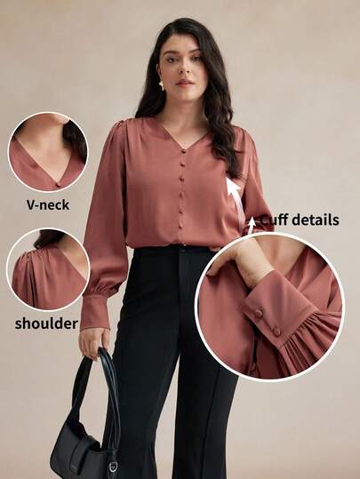 Maija Plus Size Solid Color Front Button Long Sleeve V-Neck Casual Blouse Spring To Summer Spring Valentine's Day Party Beach Wedding Vacation Elegant Women's Blouses Casual Blouse For Women Formal Attire For Women Office Wear Women Business