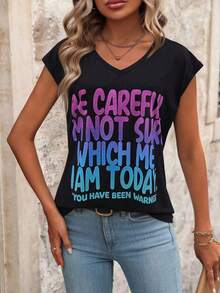 EMERY ROSE Women's V-Neck Slogan Print Casual Versatile Daily Wear T-Shirt - Black - View 5