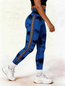 High Performance Tie Dye Leggings With Lace - For Yoga And Workout - 藍色 - 查看 1