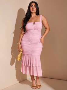 SHEIN BAE Plus Size Women's V-Neck Ruched Ruffle Hem Midi Bodycon Dress, Vacation Party Dress - Baby Pink - View 5