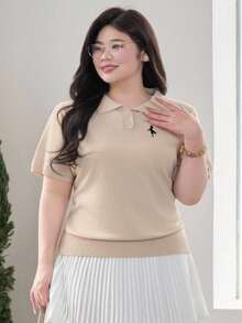 Dazy Plus Áo thun cổ polo tay ngắn, màu trơn, ôm dáng, thích hợp cho mùa xuân/hè/thu. - Màu be - Xem 3