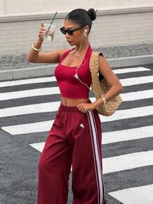 Muchica Bộ đồ nữ mùa hè kiểu dáng thường ngày gồm áo croptop không tay và quần ống rộng kẻ sọc. - Màu Đỏ Sâu - Xem 4