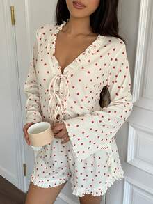 DAZY 2pcs/Set Women Heart Pattern Ruffle Trim Tied Crop Top & Shorts Pajama Set, Fall Winter Clothes - White - View 3