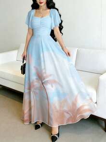 Modelyn 椰树风景印花时尚方领短袖设计女士简约长连衣裙，夏季收腰优雅长裙，适合夏季度假和日常穿着 - 彩色 - 查看 3