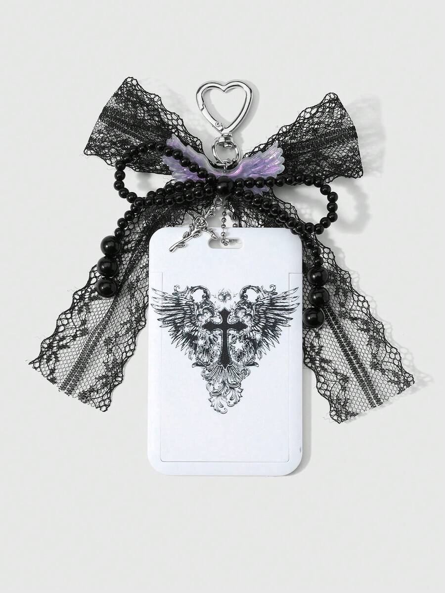 ROMWE Kawaii 1款全新Y2K个性化复古时尚甜美酷炫暗黑哥特风手工串珠黑色圆珠蕾丝蝴蝶结玫瑰荆棘十字架白色天使恶魔翅膀印花亚克力滑动卡套校园卡套、明星卡套、旅行交通卡套DIY钥匙扣配件包包挂件，适合上班族、学生、派对爱好者、日常佩戴、节日礼物 - 黑白色-103 - 查看 1