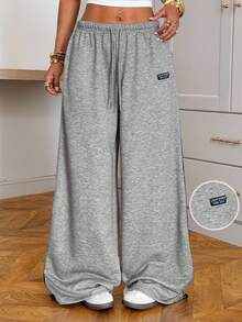 SHEIN EZwear Women's Casual Versatile Grey Knit Sweatpants - Light Grey - View 4