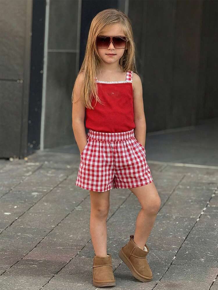 2pcs/Set Young Girl Plaid Strap Shorts,Girls Summer Outfits