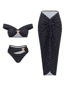 Swim Oasis Bộ 3 món cho kỳ nghỉ hè, họa tiết chấm bi đen trắng, phụ kiện vàng gợi cảm, áo bikini quây hở vai và chân váy maxi cạp cao, xoắn phía trước. - Đen và trắng - Xem 1