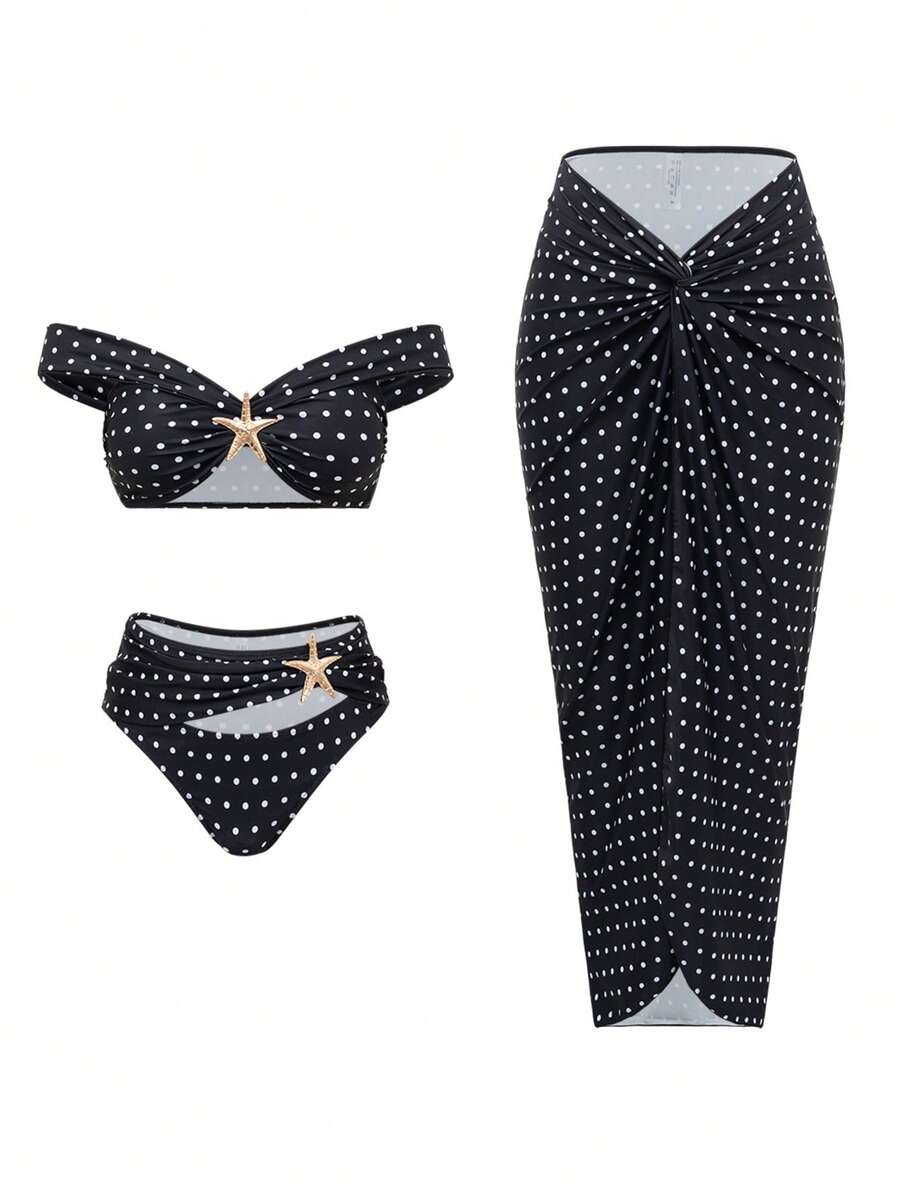 Swim Oasis Bộ 3 món cho kỳ nghỉ hè, họa tiết chấm bi đen trắng, phụ kiện vàng gợi cảm, áo bikini quây hở vai và chân váy maxi cạp cao, xoắn phía trước. - Đen và trắng - Xem 1
