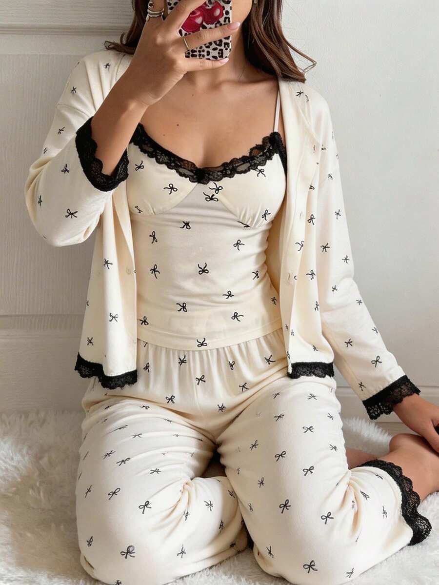 DAZY 3pcs/Set Bow Allover Print Colorblock Lace Patchwork Camisole Top & Robe And Pants Sleepwear Pajama Set, Spring, Fall Winter Clothes - White - View 1
