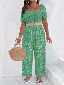 SHEIN Clasi Plus Size Ditsy Floral Square Neck Short Sleeve Jumpsuit - Green - View 5