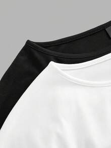 EMERY ROSE 2pcs/Set Women Casual Minimalist Contrast Color Lace Patchwork Loose Basic T-Shirt - Black and White - View 4