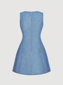 MOD Vestido de mezclilla casual de verano para mujer con cuello redondo y cremallera en la espalda - Azul lavado medio - Ver 2