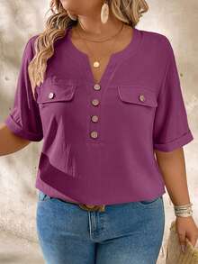 Momelise Atasan Blus Wanita Ukuran Besar Kasual dengan Kerah Berlekuk dan Hiasan Kancing Kayu, Atasan Terbaru untuk Wanita - Red Violet - View 4