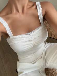 DAZY Sweet Lace Patchwork Pleated Bust Design Wide Strap Self-Padded Women Camisole - White - View 8