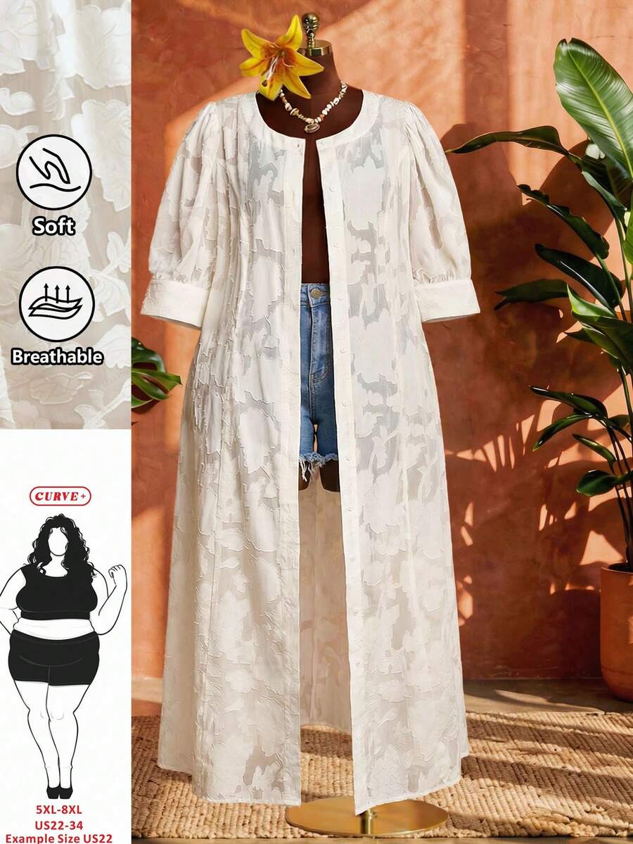 SHEIN CURVE+ Curve 尺码 US22 音乐节、海滨度假、波西米亚风女士长款雪纺提花圆领罩衫，适合度假和海滩穿着 - 白色 - 查看 1