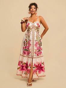 Travachic Đầm nữ cỡ lớn màu vàng in họa tiết cây nhiệt đới, dây mảnh, khoét eo, kiểu dáng mùa thu. - Màu be - Xem 4