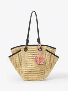 Viva Strut 1pc Fashionable, Cute And Sweet Summer Seaside Vacation Straw Crochet Handmade Crochet Pink Butterfly Modeling Bag Pendant, Suitable For Straw Bags, Vacation, Summer, Beach, Seaside - Baby Pink - View 6