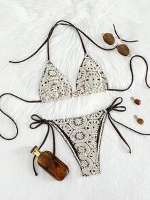 Swim SXY 性感女士挂脖三角比基尼上衣和系带比基尼下装套装，夏季沙滩装 - 彩色 - 查看 4