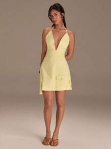 Athîral Đầm denim ngắn màu vàng nhiều túi, dây mảnh, thích hợp cho nữ đi nghỉ mát, mùa xuân/hè. - Màu vàng ngỗng - Xem 4