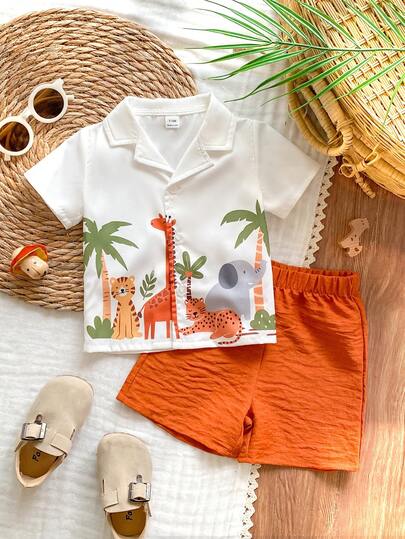 SHEIN Vintaside Kids 幼儿男童趣味野生动物印花短袖衬衫短裤套装，春夏度假休闲装