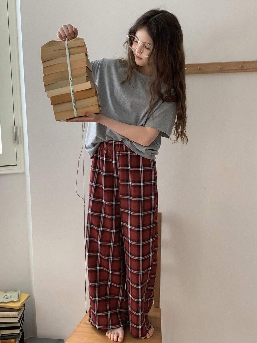 Hapijoa Girls Pre-Teen Round Neck Short Sleeve Knit T-Shirt + Plaid Long Pants Home Outfit, Spring/Summer - Multicolor - View 1