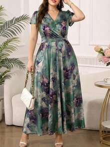 Reflora 大码女士优雅印花连衣裙，夏季婚礼宾客礼服 - 綠色 - 查看 12