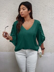 Calvaya Plus Size Summer Casual Solid Color Ruffle Trim Blouse,Valentine - Dark Green - View 5