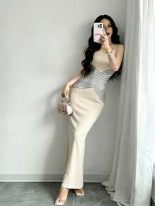 Modelyn 女士条纹纹理印花性感吊带修身长裙，夏季 - 彩色 - 查看 5