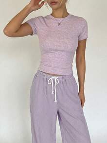 DAZY Women's Casual Slim Fit Top And Loose Pajama Pants Sleepwear Set - Purple - View 3