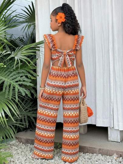 Girls' Sleeveless Jumpsuit, Hollow Back Design, Decorative Oversized Bow, Cap Sleeve, Suitable For Casual Wear In Spring/Summer