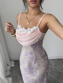 SHEIN Clasi Woven Fabric Cami Neck Zipper Detail Spaghetti Strap Knee Length Dress With Plant Pattern Print For Nights Out - Purple - View 7