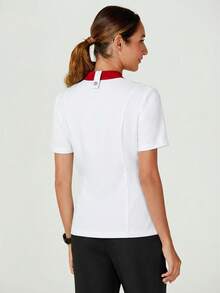 TaskEZ Uniforme de chef de manga corta con ribete de contraste, uniforme minimalista - Rojo y blanco - Ver 2