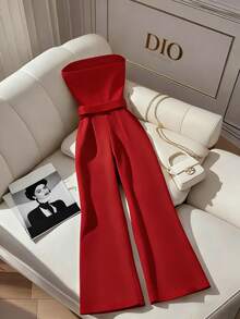 Franclia 女士新款无肩带撞色饰边金属扣腰阔腿连体裤 - 紅色 - 查看 2